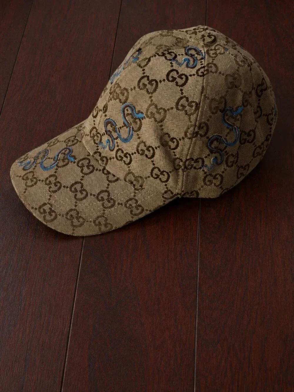 Gucci Blue Snake Print Canvas Baseball Cap